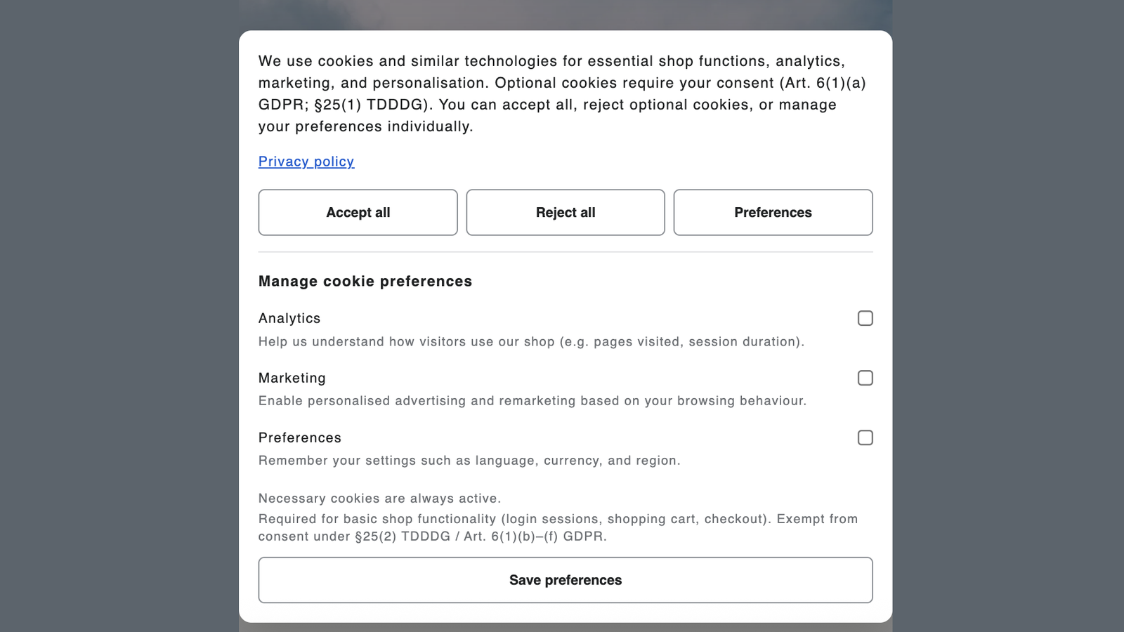 Cookie preferences: optional categories off, none pre-ticked