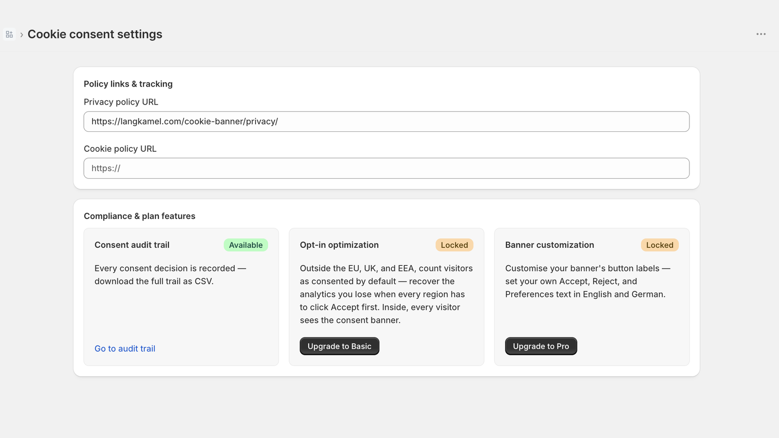 App settings: consent audit available, opt-in and banner locked